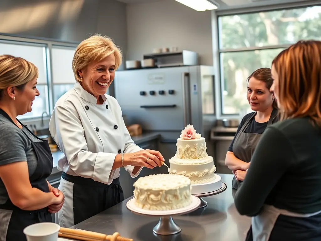An image of Gail Schultz demonstrating a complex baking technique to a group of attentive students, emphasizing the personalized attention and expert guidance provided at the academy.