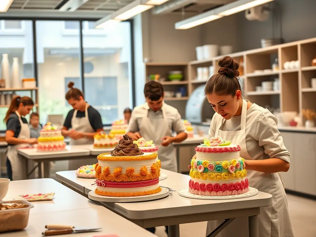 A modern, well-equipped baking classroom with students actively engaged in a cake decorating session, showcasing the academy's commitment to providing a hands-on learning experience.