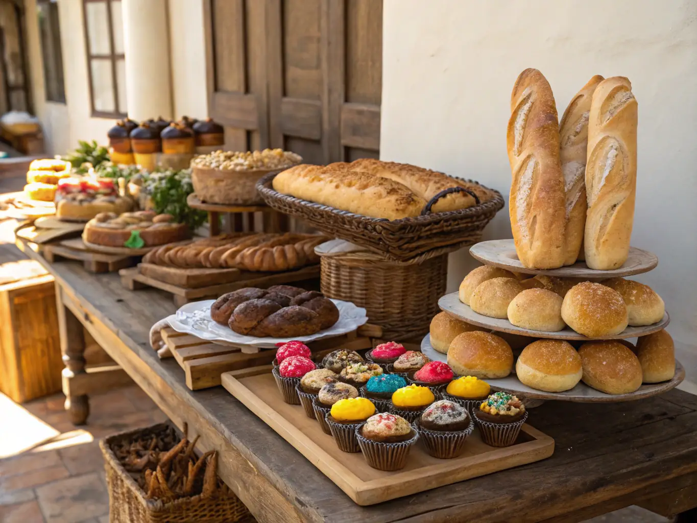 A baker setting up a professional-looking display of pastries at a local farmers market, illustrating the business skills taught in the 'Baking Business Promotion' course at Gail Schultz Top Baker Academy.