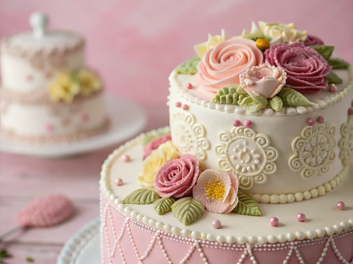 A beautifully decorated three-layer cake with intricate floral designs, showcasing advanced cake decorating skills taught in the 'Advanced Cake Decorating' course at Gail Schultz Top Baker Academy.