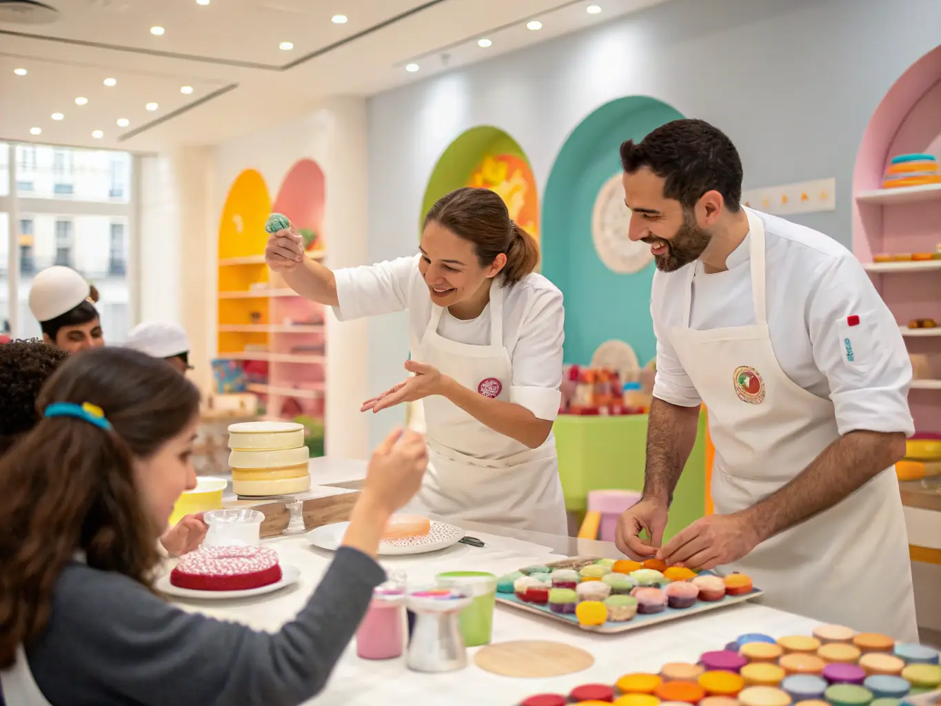 A vibrant classroom scene with students decorating cakes and baking pastries under instructor guidance, showcasing the hands-on learning environment of Gail Schultz Top Baker Academy's comprehensive baking courses.