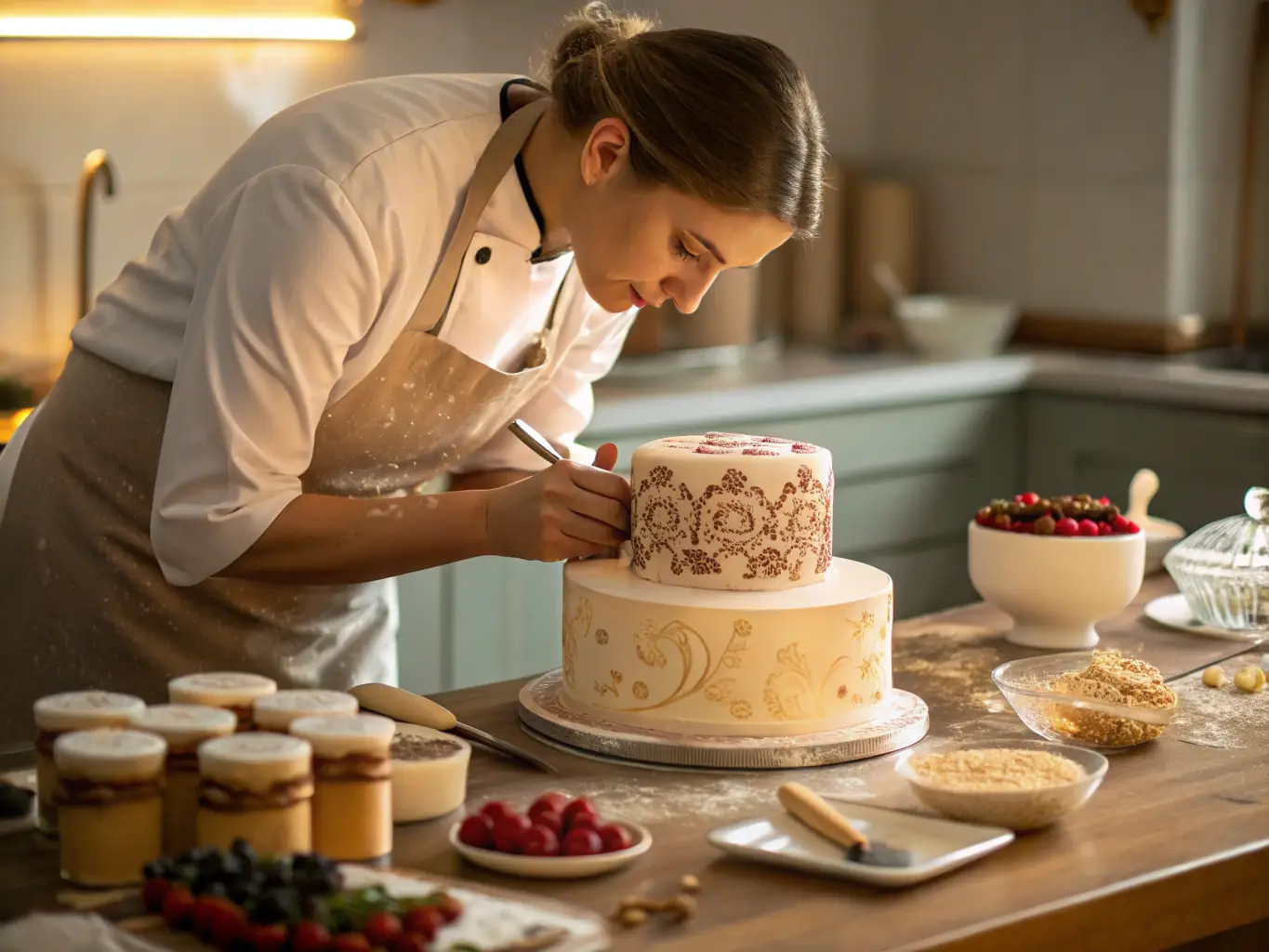 A professional baker demonstrating advanced cake decorating techniques in a well-equipped kitchen, highlighting the high-quality instruction and facilities at Gail Schultz Top Baker Academy.